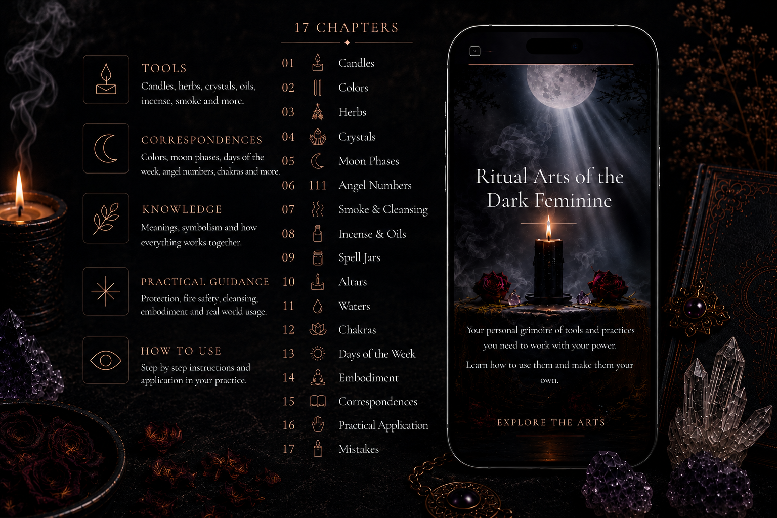 Ritual Arts of the Dark Feminine - 17 chapters of ritual knowledge, tools, and correspondences - tap to enlarge